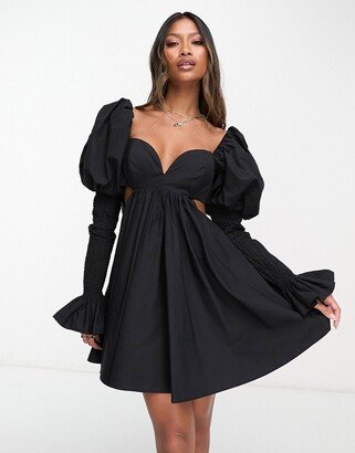 poplin shirred puff sleeve mini dress in black