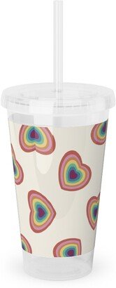 Travel Mugs: Pride Hearts - Rainbow 90S Hearts - Muted Acrylic Tumbler With Straw, 16Oz, Multicolor