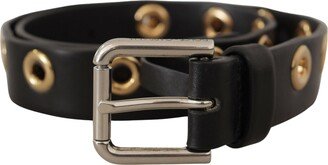 Black Leather Eyelet Silver Tone Metal Buckle Women's Belt