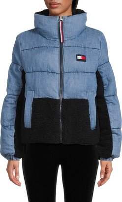 Faux Shearling Trim Denim Puffer Jacket