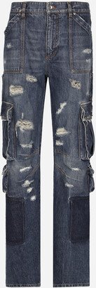 Denim cargo jeans with rips