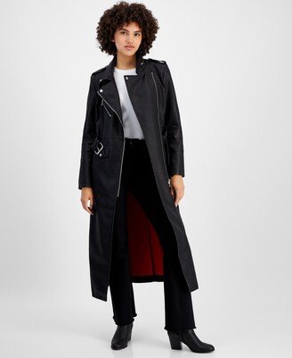 Women's Faux-Leather Longline Moto Coat