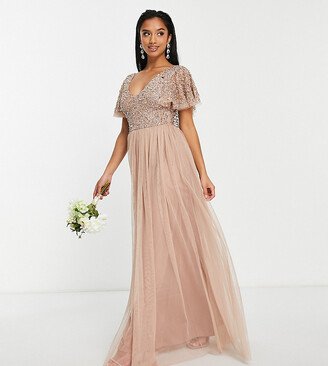 Beauut Petite Bridesmaid embellished bodice maxi dress with flutter sleeves in taupe