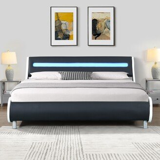 TOSWIN LED Upholstered Platform Bed Frame with Curve Design and Wood Slat Support-AA