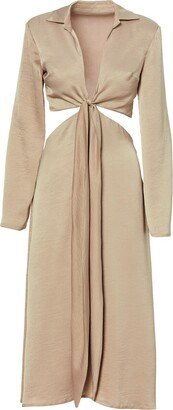 Bluzat Midi Beige Dress With Long Sleeves And Knot