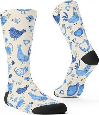 Socks: Chicken And Rooster - Watercolor - Blue On Creme Custom Socks, Blue