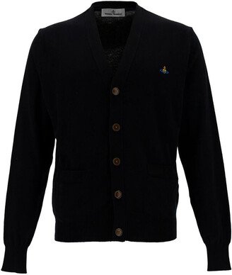 Black V Neck Cardigan with Orb Embroidery in Cotton and Cashmere Man