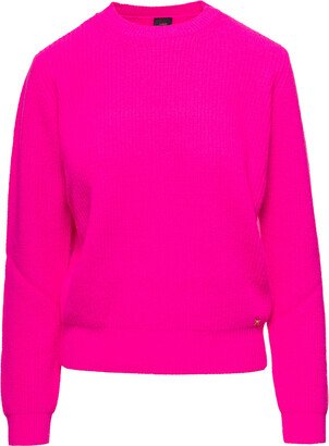 Fuchsia Crewneck Sweater With Logo Patch In Ribbed Wool Blend Woman