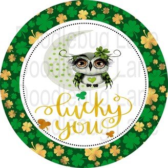 st. Patricks Day Wreath Sign-Lucky You-Owl Sign-Four Leaf Clover-Green & Gold-Metal Sign-Doodlebug Lane Signs-Round Sign