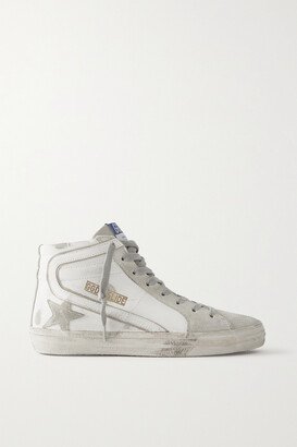 Slide Distressed Suede And Leather High-top Sneakers - White