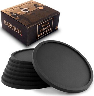 Barvivo Silicone Coasters for Drinks with plain Anti Slip design Sets and Holder, 8 Pack, Black