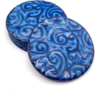 Set Of Four Decorative Ocean Swirl Wave Coasters With Cork Bottom, Handcrafted Stoneware Ceramic Pottery, Blue/Black, 3.75 Diameter