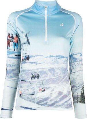 Blue Photograph-Print Thermal Ski Base Layer