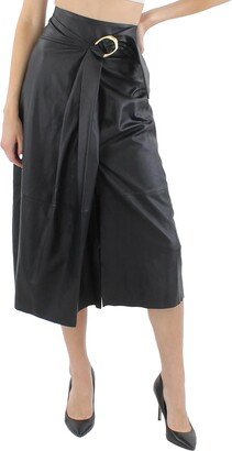 Womens Leather Faux Wrap Midi Skirt