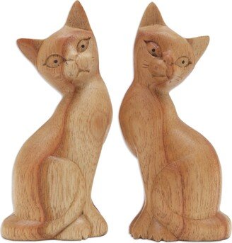 Handmade Feline Twins Wood Sculpture