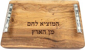 Yair Emanuel Modern Challah Board For Shabbat - Silver Ring Handles Wood Jewish Bread Judaica Gift