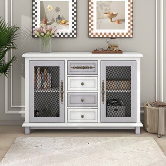 Magic Home Retro Style Cabinet with 4 Drawers and 2 Iron Mesh Doors - N/A