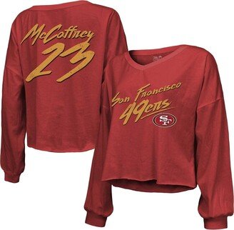 Women's Threads Christian McCaffrey Scarlet San Francisco 49ers Name and Number Off-Shoulder Script Cropped Long Sleeve V-Neck T-shirt - Scar