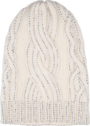 White Braided Knitted Beanie With Crystals