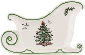 Christmas Tree Embossed Sleigh Plate, 9-Inch Sleigh Shaped Plate for Christmas Treats, Made of Fine Earthenware