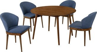 5 Piece Dining Set with Curved Side Chairs, Brown and Blue