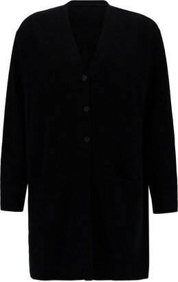 Rosso Puro Oversized Black V Neck Cardigan In Wool And Cashmere Woman