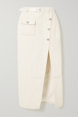 Belted Satin-trimmed Metallic Bouclé-tweed Midi Skirt - White