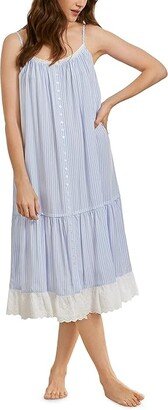 Ruffle Cotton Lawn Strappy Gown (Two-Tone Stripes) Women's Pajama