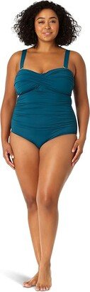 Plus Size Twist Front Shirred Bandeau One-Piece (Deep Sea Blue) Women's Swimsuits One Piece