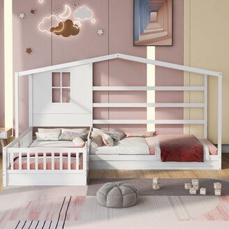 Calnod Twin Size L Structure House Bed, 2 Twin Solid Bed with Fence and Slatted Frame, Wood 2 Beds in 1 for Kids Teens Aldults Bedroom-AC