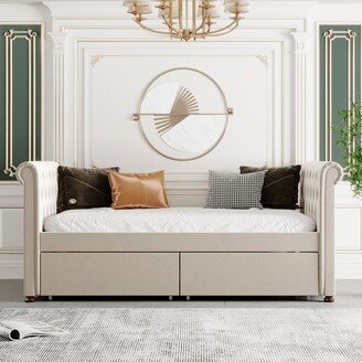 GREATPLANINC Twin Size Upholstered Daybed with Drawers and Wood Slat Support, Beige