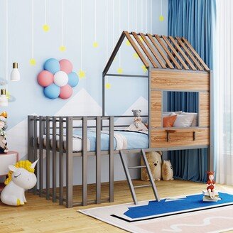 GEROJO Twin Size Metal Loft Bed with Roof, Window, and Guardrail