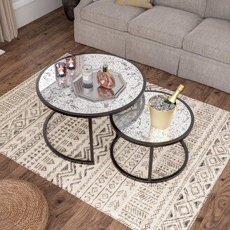 Aoolive Round Coffee Table Set of 2 Set of 2 Nesting Tables, Metal Frame & Glass Top End Tables