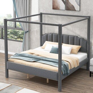 IGEMAN King Szie Upholstery Canopy Platform Bed with Headboard & Support Legs