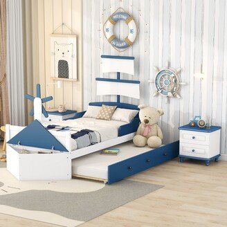 Calnod 3-Pieces Bedroom Sets, Twin Size Boat-Shaped Platform Bed with Trundle and Two Nightstands