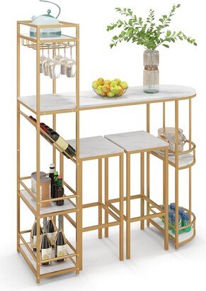 3 Pcs Bar Table Set 2 Stools Storage Shelves Glass Holder Wine Rack