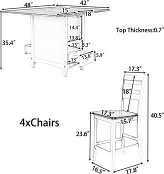 EYIW 5-Piece Wood Counter Height Dining Set, Extendable Table with Drop Leaf, Wine Rack, Shelves and 2 Drawers, 4 Dining Chairs