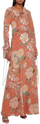 Ruched embellished floral-print silk crepe de chine maxi dress