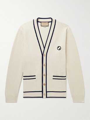 Logo-Appliquéd Ribbed Cotton and Wool-Blend Cardigan-AA