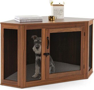 Tangkula Wooden Corner Dog Crate Furniture Pet Kennel End Table Cage w/ Door & Mesh