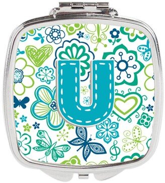 CJ2006-USCM Letter U Flowers & Butterflies Teal Blue Compact Mirror