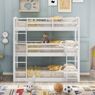 Calnod Twin Size Triple Low Bunk Bed with Guardrail and Ladder, Can Convertible Into Bunkbeds, Loftbed for Kids