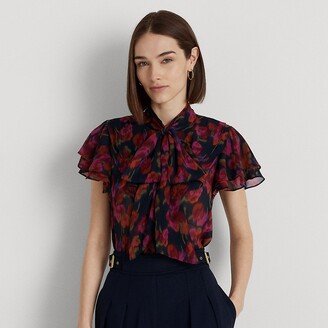 Lauren Petite Ralph Lauren Floral Tie-Neck Crinkle Georgette Blouse