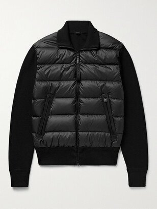 Slim-Fit Leather-Trimmed Ribbed Wool and Quilted Shell Down Jacket