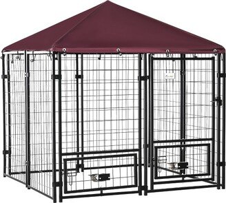 Indoor/Outdoor Metal Dog Kennel, Dog House with Lock, Weather Resistant Canopy and 2 Bowl Holders and Bowls, 4.6' x 4.6' x 5', Black / Red