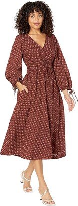 Arianne - Print Long Sleeve Tie Midi Dress - Cotton Seersucker (Burnished Mahogany) Women's Clothing