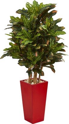 4' Croton Artificial Plant in Red Planter