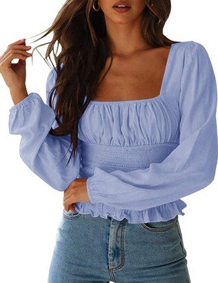 CNJFJ Women's Elegant Long Sleeve Square Neck Shirt Sexy Frill Smock Crop Top Blouses Sky Blue