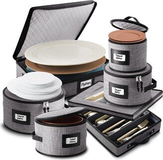 Storagebud 6 Piece Hard Shell Fine China Plates, Platters and Silverware Storage Set - Holds a 12 Serving Set - Grey black