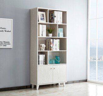 IGEMAN 68''H Wood Bookcase Bookshelf with 2 Doors / 7 Open Storage Compartments / Adjustable Metal Legs for Stable, White